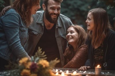 Family Outside By Table With Candles