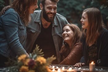 Family Outside By Table With Candles