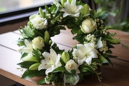 White Funeral Wreath On Wooden Table