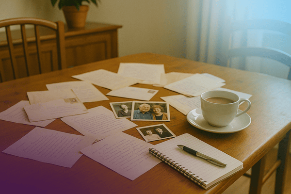 Notes photos and notepad on table