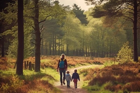 Family Walking In The Wood Between Trees
