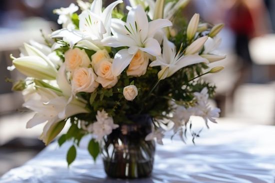 White Funeral Flowers On Table Outside