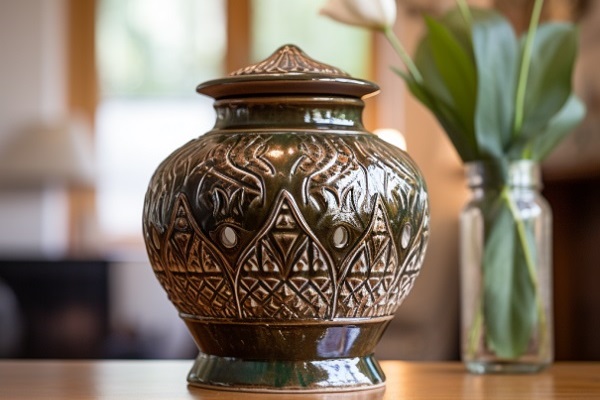 Ceramic Urn At Home With Tulips Behind