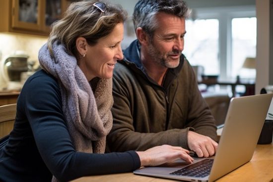 Couple Looking At Laptop At Kitchen Table