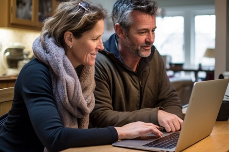 Couple Looking At Laptop At Kitchen Table