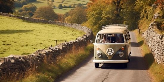 Camper Van Driving In Countryside