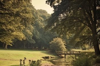 River With Bridge And Grassy Banks