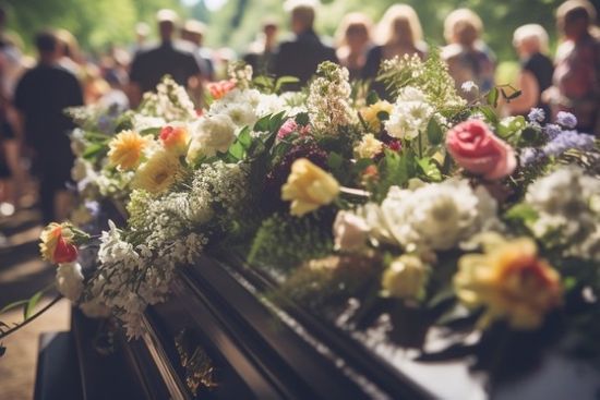 Coffin Outside With Mourners In Background