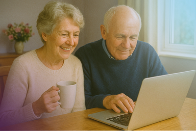 Couple on computer buying a funeral plan