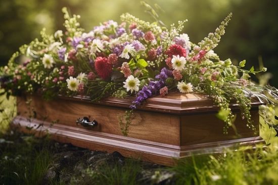 Wooden Coffin With Flowers In A Sunny Wood