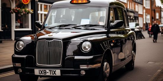 Black Taxi Driving Through Town