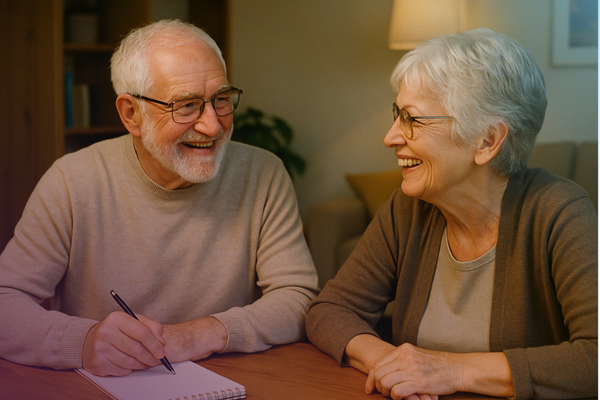 Couple planning funeral with notepad