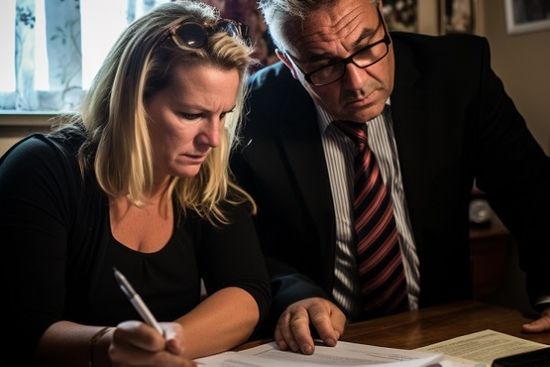 Celebrant Completing Paperwork With Bereaved Lady