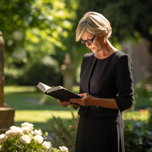Funeral Celebrant Dressed In Black With Book