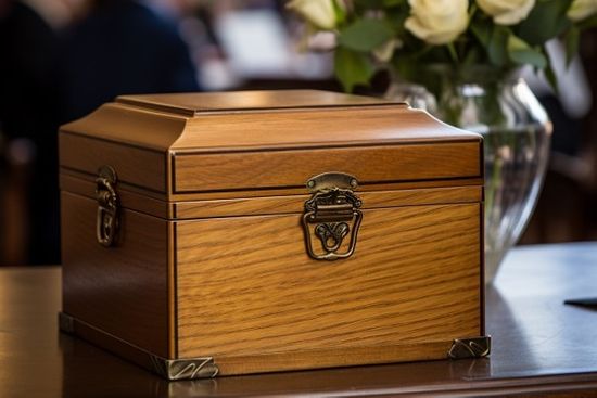 Wooden Casket Urn On Table With Flowers