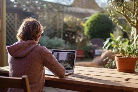 Lady Sitting In Garden On Laptop