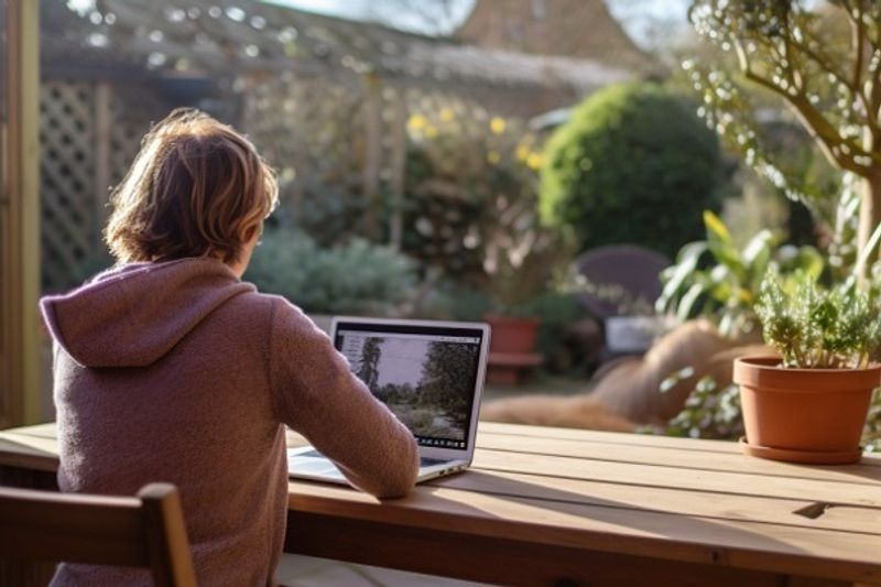 Lady Sitting In Garden On Laptop