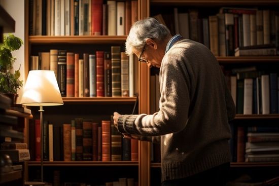 Older Man Taking Book Off Bookshelf