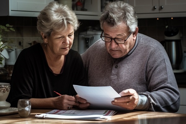 Couple Looking At Papers In Kitchen