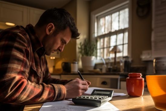 Man Working At Table With Calculator