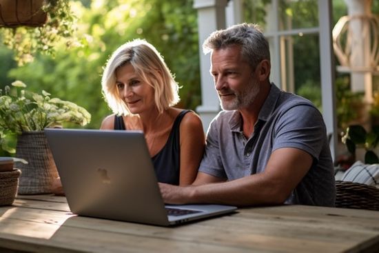 Couple Sitting In Garden With Laptop