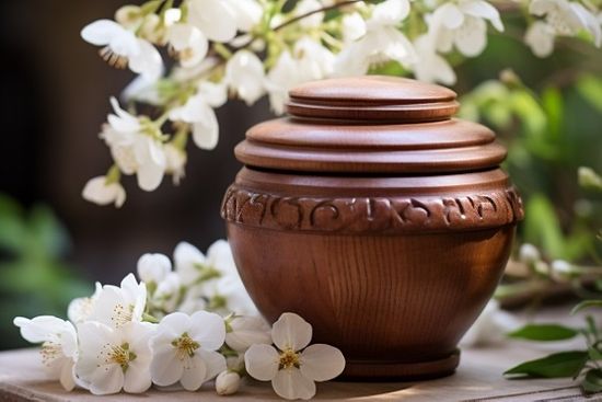 Wooden Ashes Urn Outside With Flowers