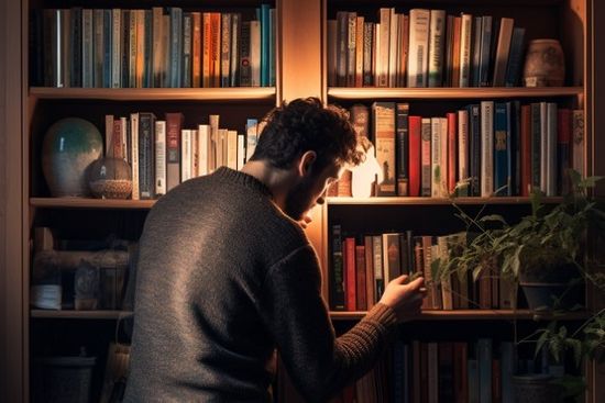 Man Taking A Book Off A Bookshelf