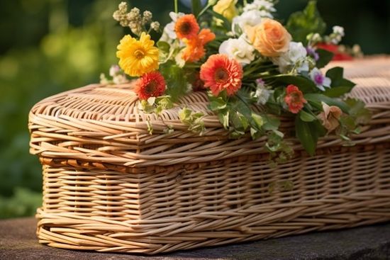 Wicker Coffin With Flowers On