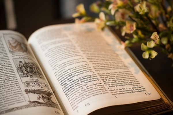 Old Book Of Funeral Readings Next To Flowers