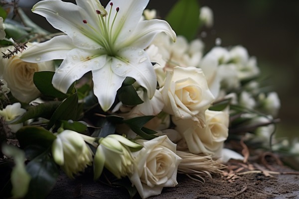 White Roses And Lilies On Coffin