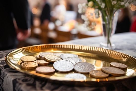 Coins On Gold Plate At Funeral