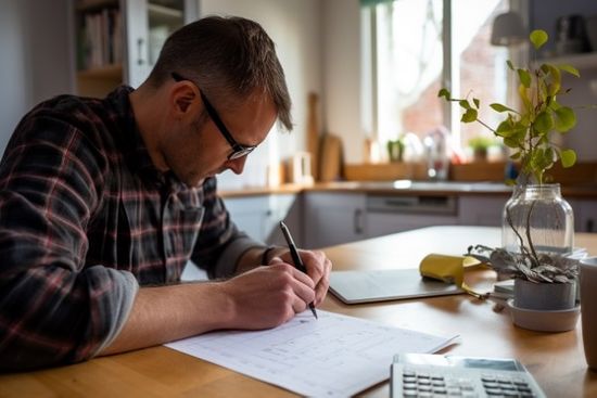 Man At Kitchen Table With Paperwork